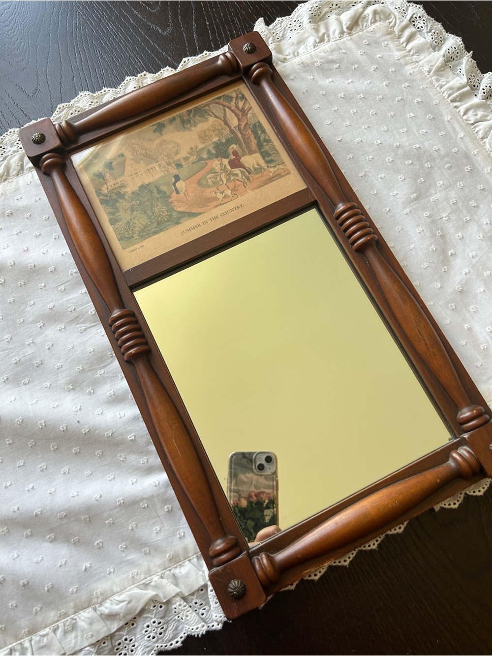 Vintage Wooden 18.5” Framed Mirror with "Summer in the Country" Art Print